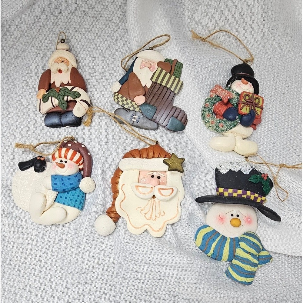 VTG CMI Henton Christmas Ornaments Set 6 Santa Snowman Folk Art Hand Painted